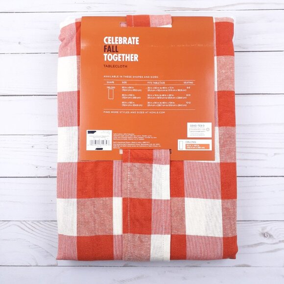 Fabric Tablecloth Fall Harvest Gingham Plaid 60x102 Orange Ivory - Picture 3 of 3